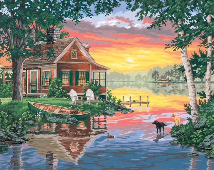 Peinture à numéros Chalet au coucher de soleil