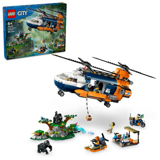 L’hélicoptère au camp de base d’exploration de la jungle