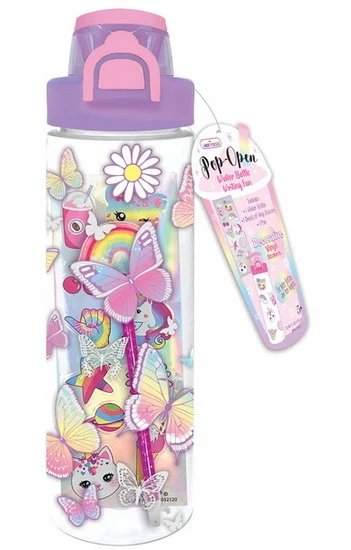 Ens. Bouteille, crayon et autocollants papillons