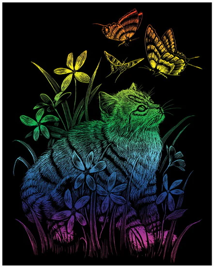 Gravure feuille multicolore chat et papillons