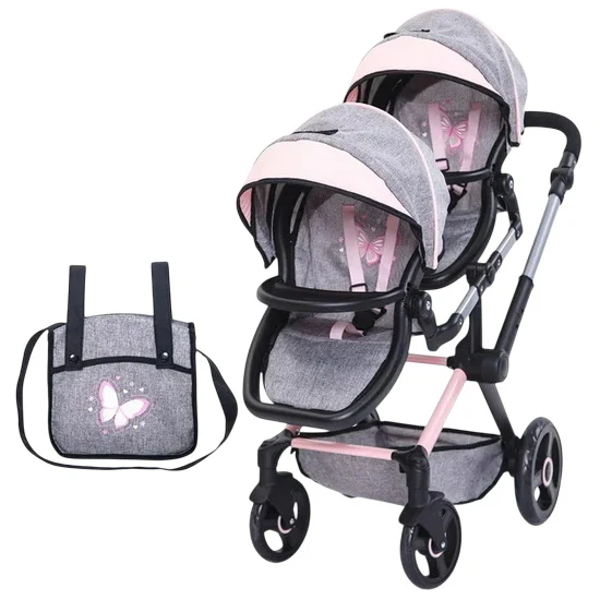 Poussette jumelle pour poupée Xeo grise