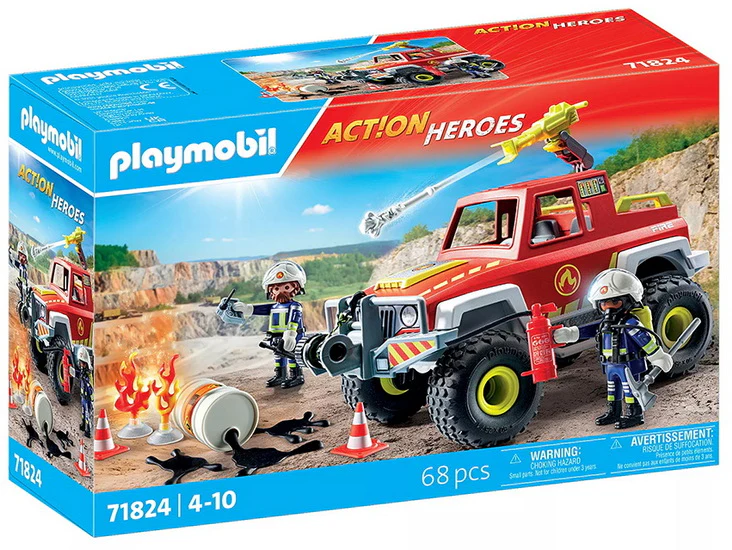 Vehicule de pompiers avec bidon essence enflammé