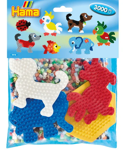 Hama Kit env. 3000 perles, 4 plaques: petite hexagonale, petit éléphan, perroquet et petit chien.